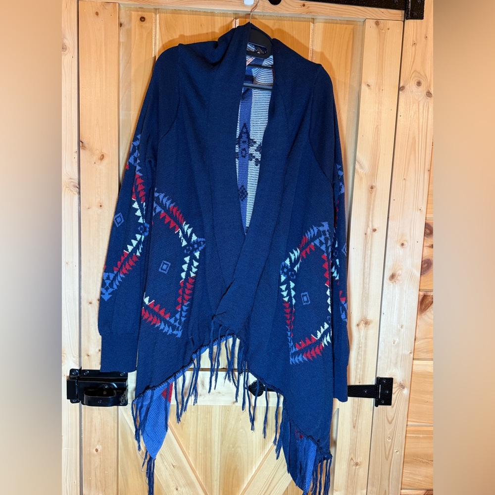 Navy Blue Tribal / Aztec Print Open Draped Cardigan Sweater Fringe Hem Large - Picture 3 of 10